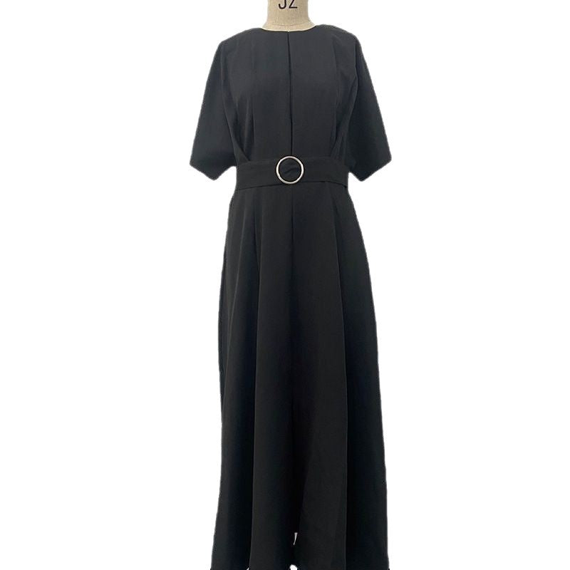 Color Fashion Round Neck Sleeves Dress Belt Shorts