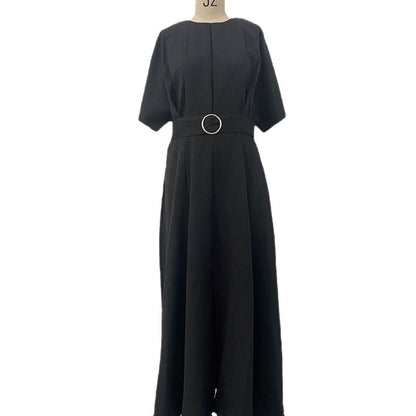 Color Fashion Round Neck Sleeves Dress Belt Shorts