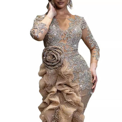Women's Sexy Gold Long Sleeve Banquet Dress Wedding Dresses