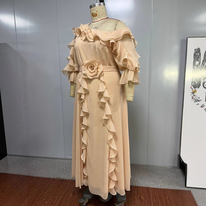Women's Large Elegant Champagne Chiffon Dress Ruffle Dresses