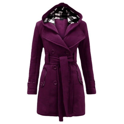 Women's Plaid Hooded Woolen Belt Double-breasted Long Coats