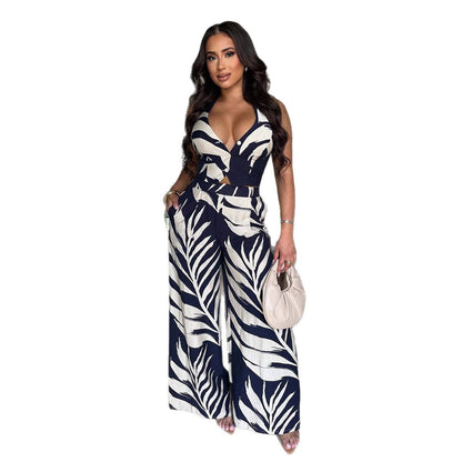 Women's Sexy Print Halter Smocking Wide Leg Suits