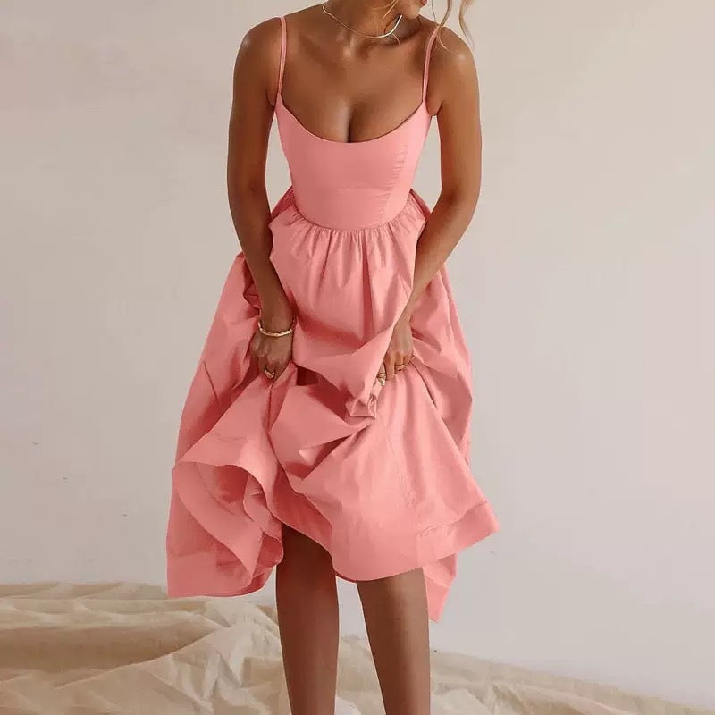Women's Dopamine Solid Color Suspender Dress Waist Pleated Dresses
