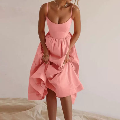 Women's Dopamine Solid Color Suspender Dress Waist Pleated Dresses