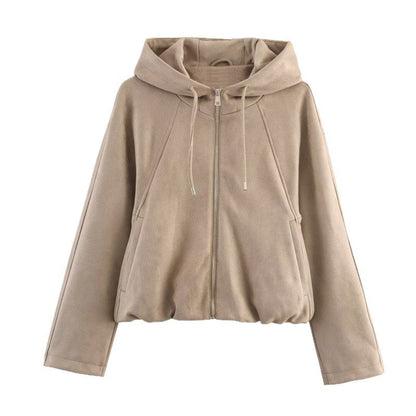 Women's Loose Hooded Suede Texture Effect Jackets