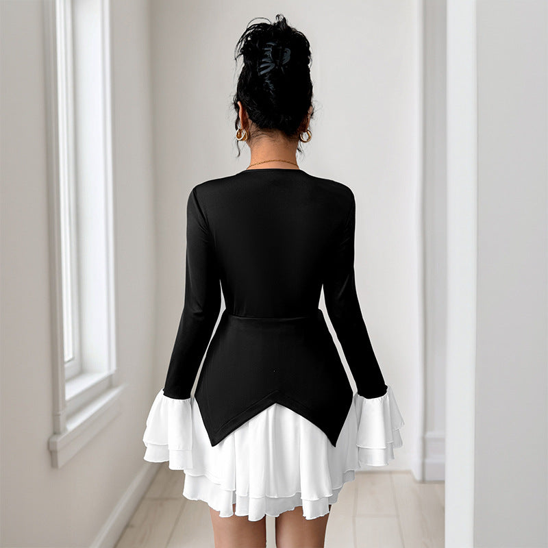 Women's Long Sleeve Contrast Patchwork Ruffled Autumn Dresses