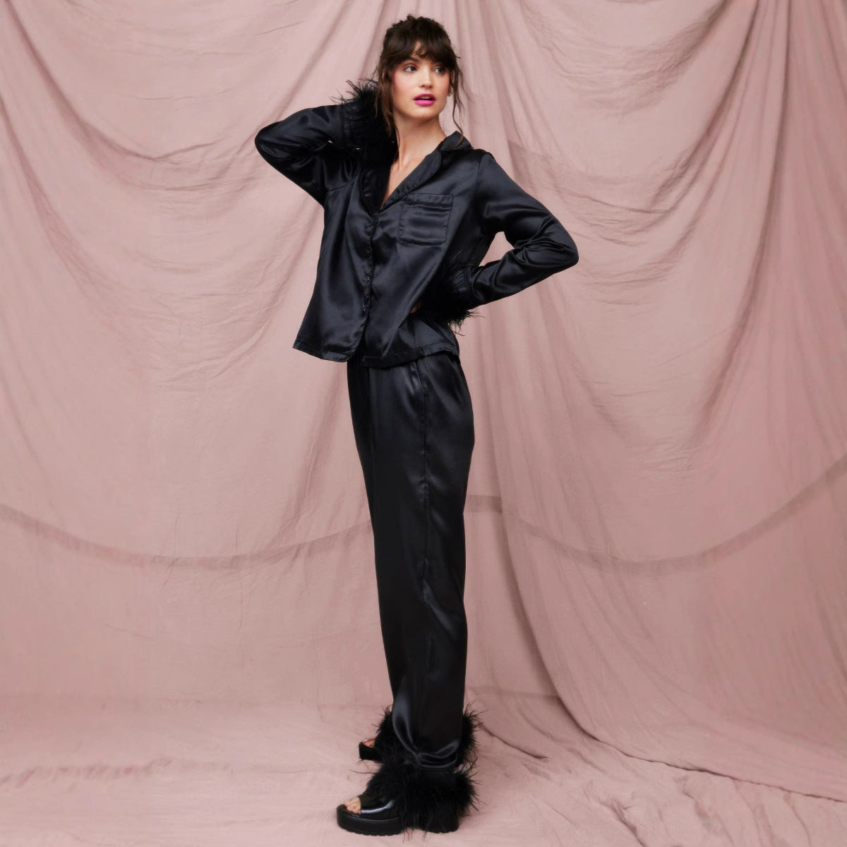 Women's Pajamas Feather Decoration Style Casual Satin Suits