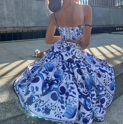 Printed Suspender Large Swing Dress Two-piece Dresses