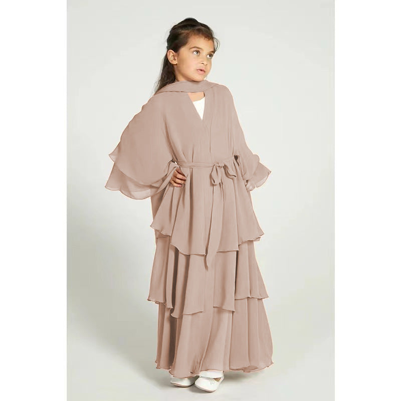 Children's Stitching Solid Color Waist Chiffon Elegant Long Dresses