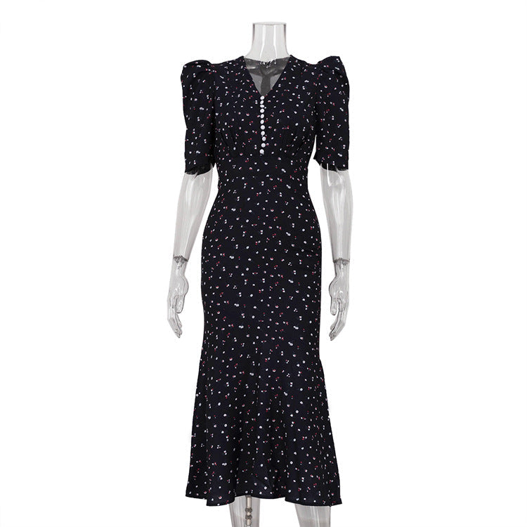 Women's French Style Temperament Short-sleeved Dress Pleated High Waist Dresses