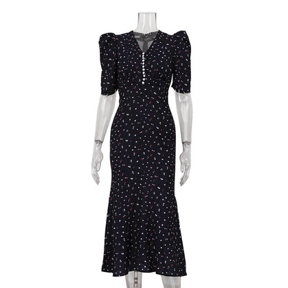 Women's French Style Temperament Short-sleeved Dress Pleated High Waist Dresses