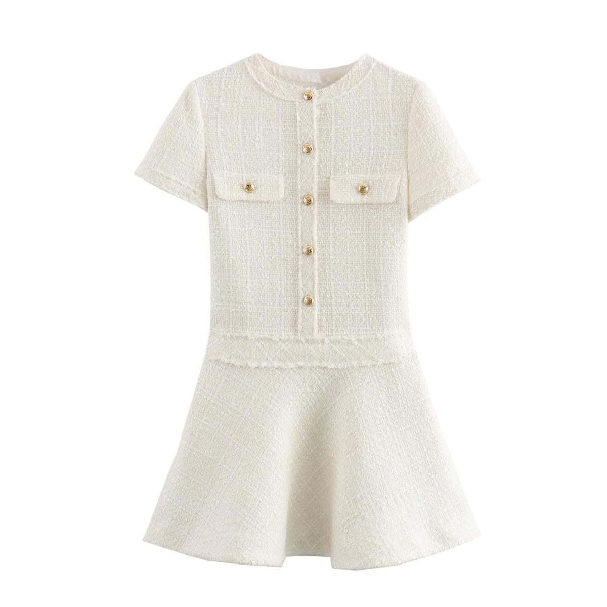 Women's Pocket Round Neck Textured Sleeve Dress Dresses