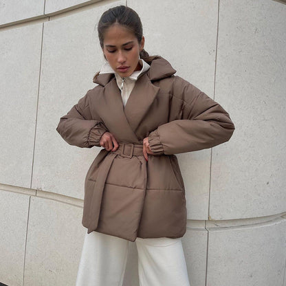 Cotton Winter Thickened Slimming Cinched Solid Coats