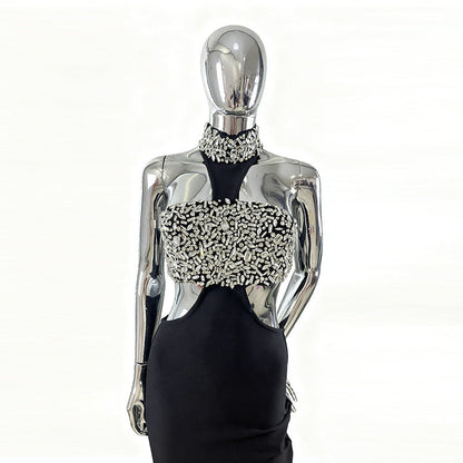 Women's Ball Diamond Halter Sleeveless Black Bandage Slim Dresses