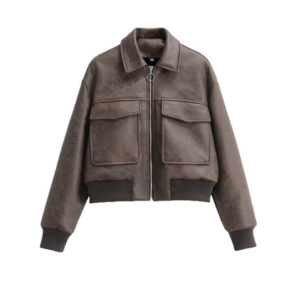Women's Fashion Simple Faux Leather Large Mouth Pocket Decoration Jackets