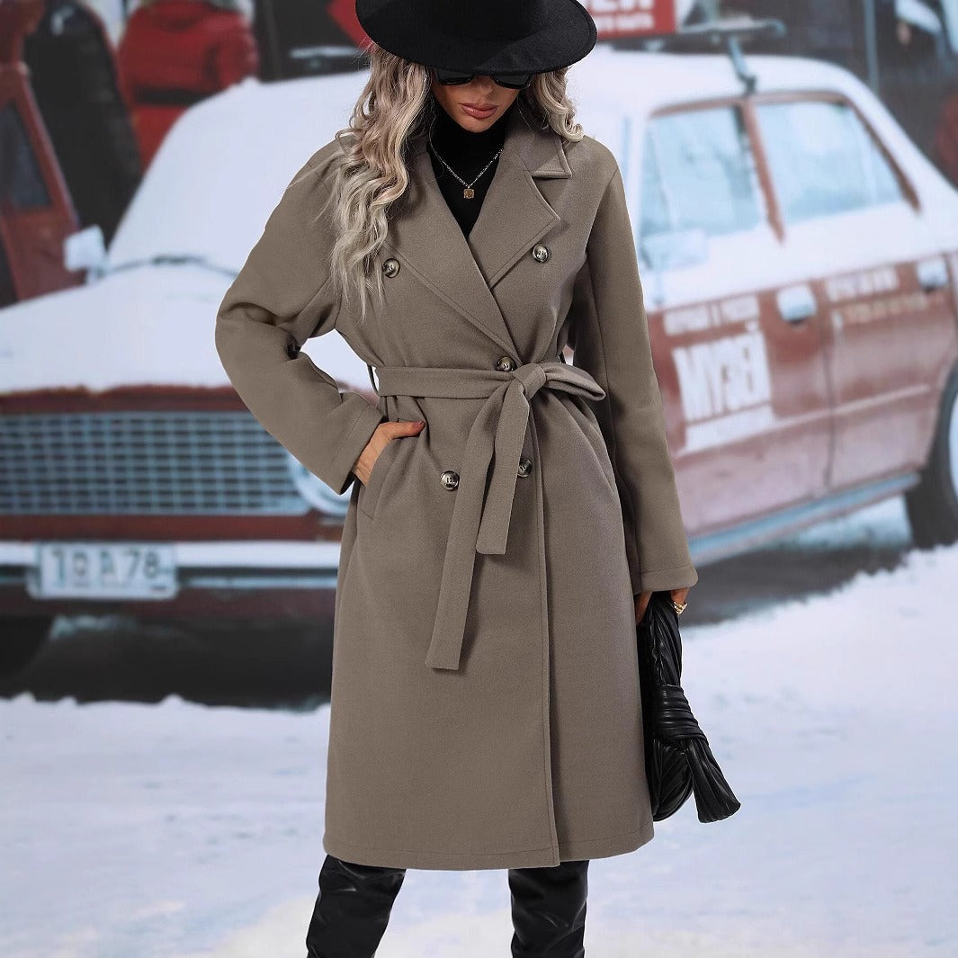 Women's Collar Woolen Double Breasted Overcoat For Coats