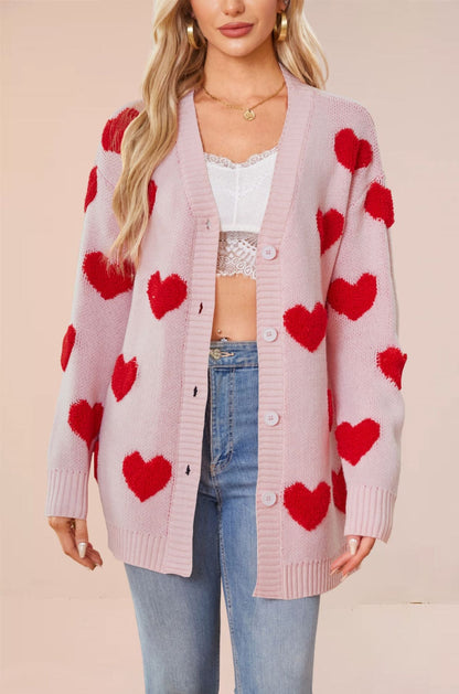 Women's Valentine's Day Heart Knitted Buttons Mid-length Sweaters