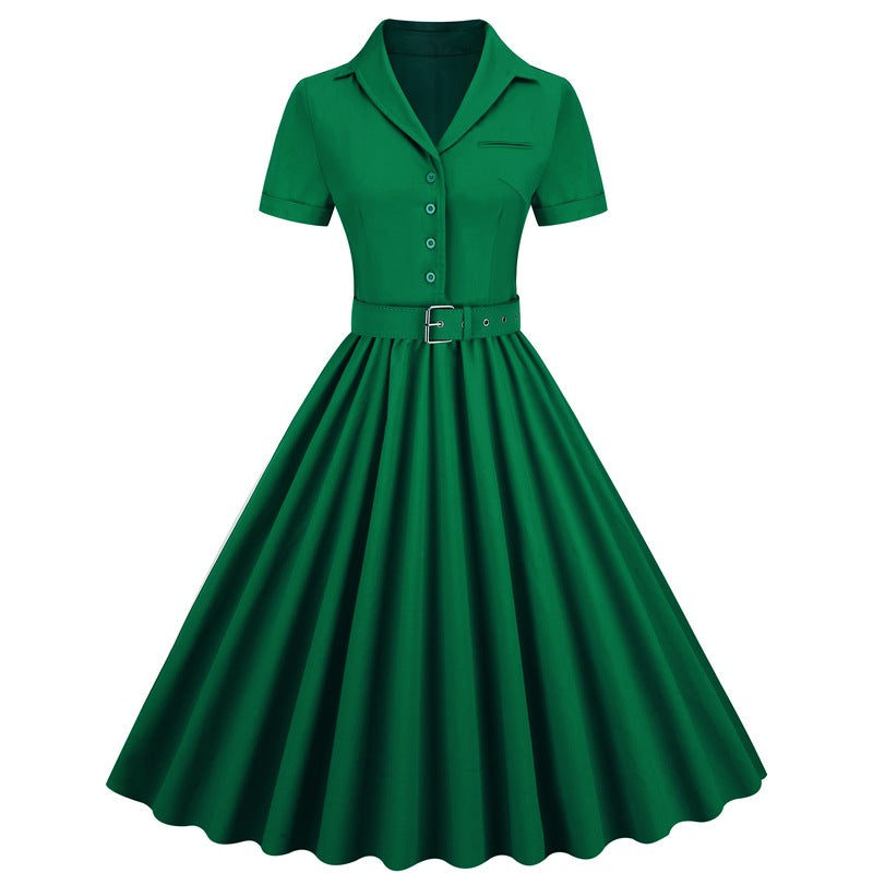 Women's Summer Retro Solid Color Wide Hem Dresses