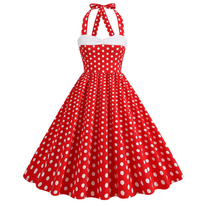 Women's Polka Dot Stitching Halter Hepburn Vintage Dresses