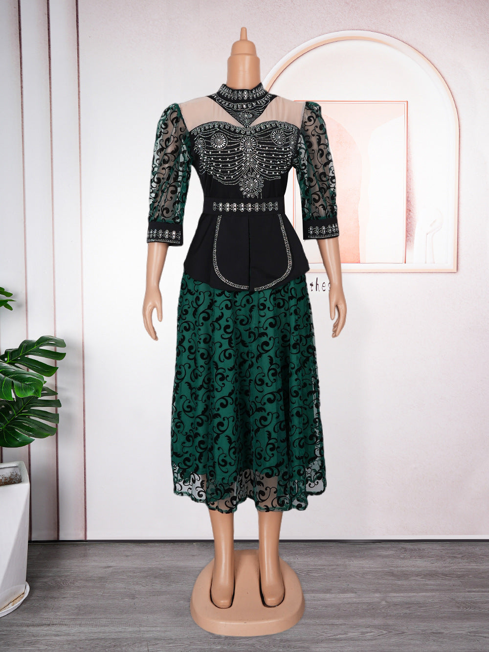Women's African Rhinestone Bubble Beads Drawstring Lace Dresses