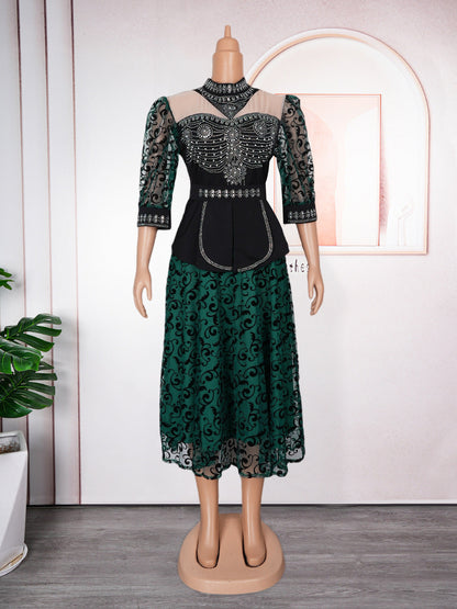 Women's African Rhinestone Bubble Beads Drawstring Lace Dresses