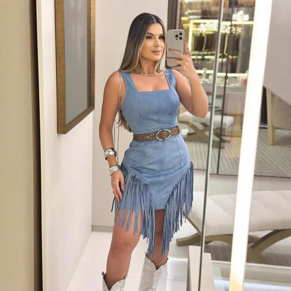 Women's Square Collar Sling Tassel Dress Without Dresses