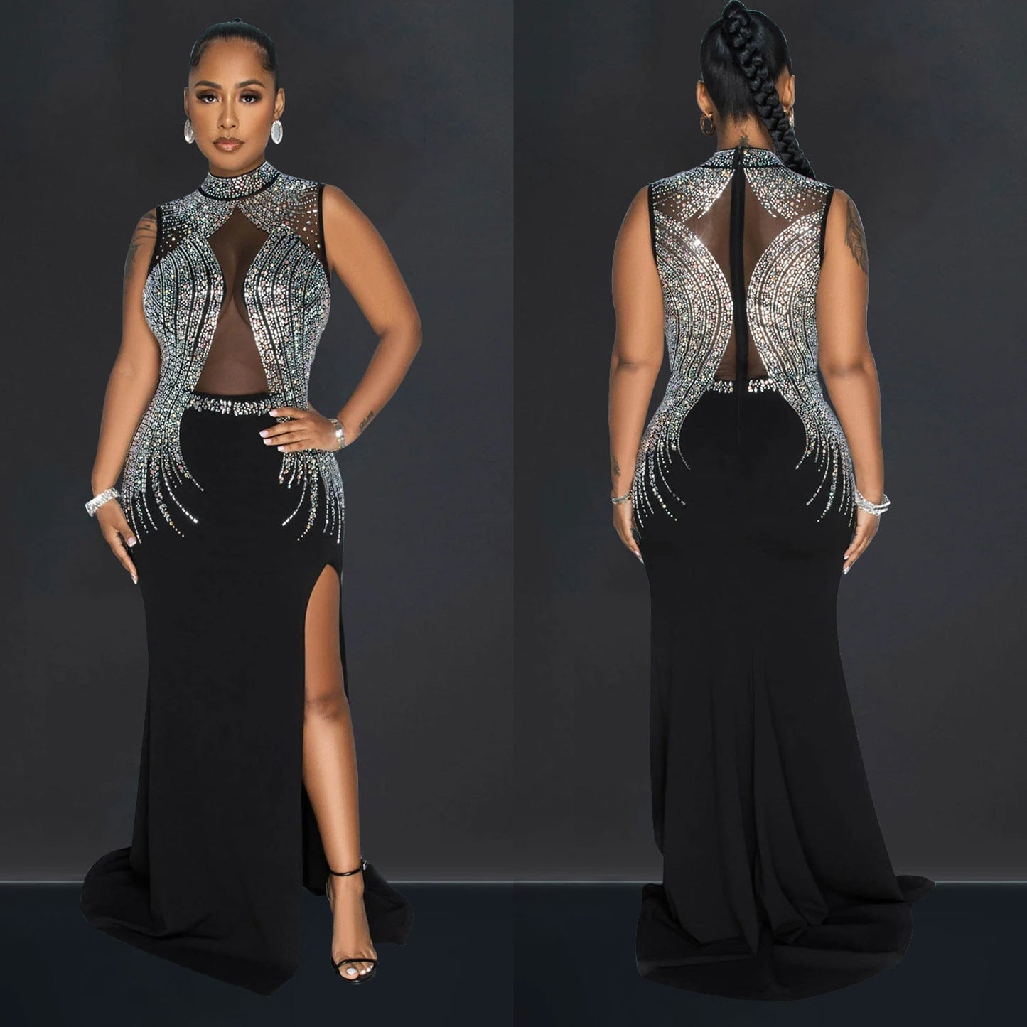 Women's Wear Pure Color Mesh Hot Drilling Split Dresses