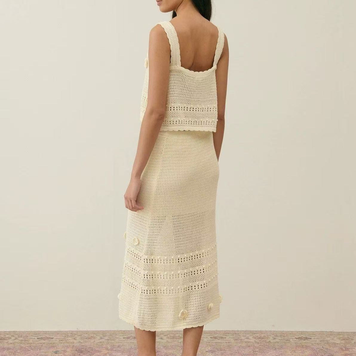 French Minority Handmade Crochet Hollow Camisole Suits