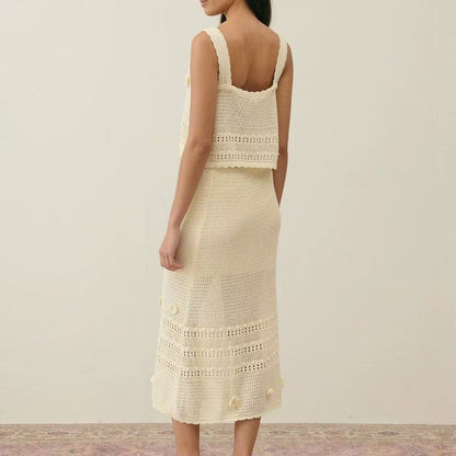 French Minority Handmade Crochet Hollow Camisole Suits