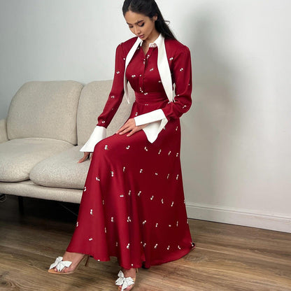 Women's French Style Design Printed Satin Dress Dresses