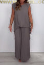 Women's Plain Color Sleeve Pleated Straight Two-piece Suits