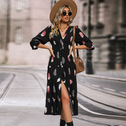 Romantic Elegant Colorful Feather Printed Sleeves Dresses