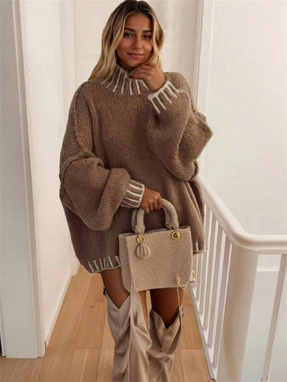 Women's Turtleneck Design Contrast Color Loose Pullover Sweaters