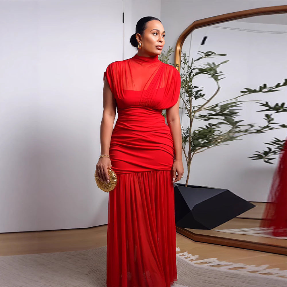 Women's Dress Elegant Half Turtleneck Mesh Stitching Dresses