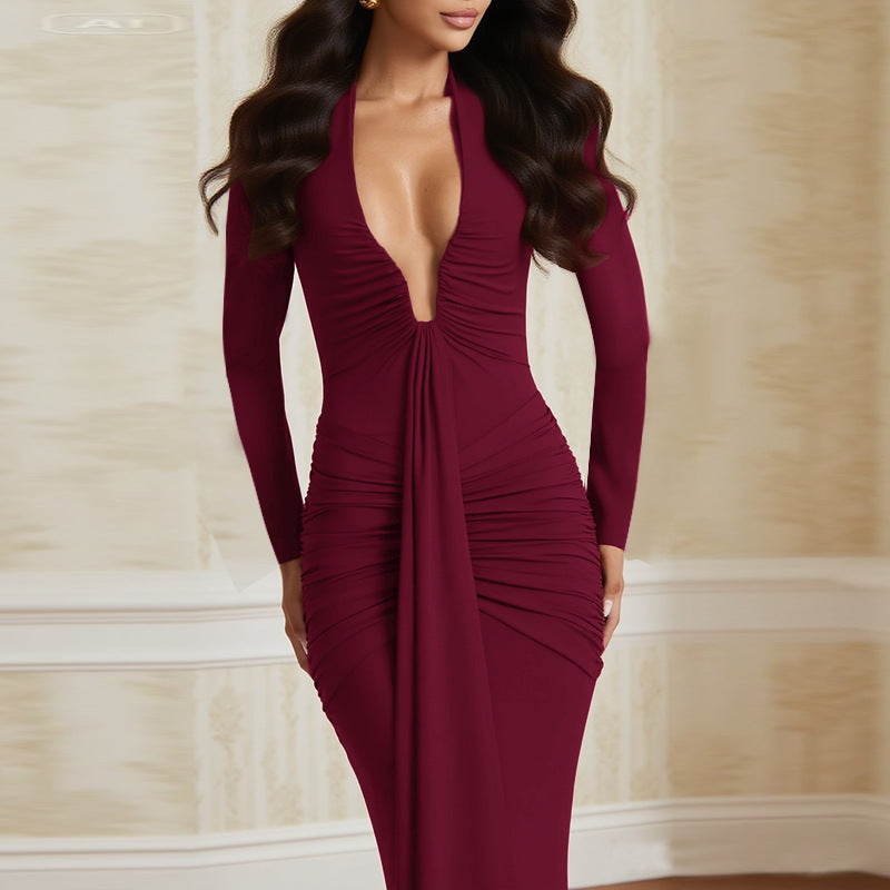 Women's Deep Dress Sexy Collar Long-sleeved For Dresses