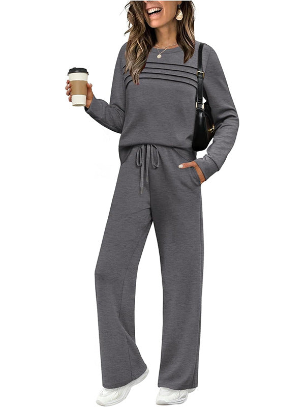 Women's Autumn Long Sleeve Round Neck Casual Elastic Waist Trousers Suits