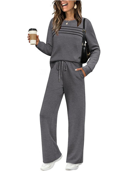 Women's Autumn Long Sleeve Round Neck Casual Elastic Waist Trousers Suits
