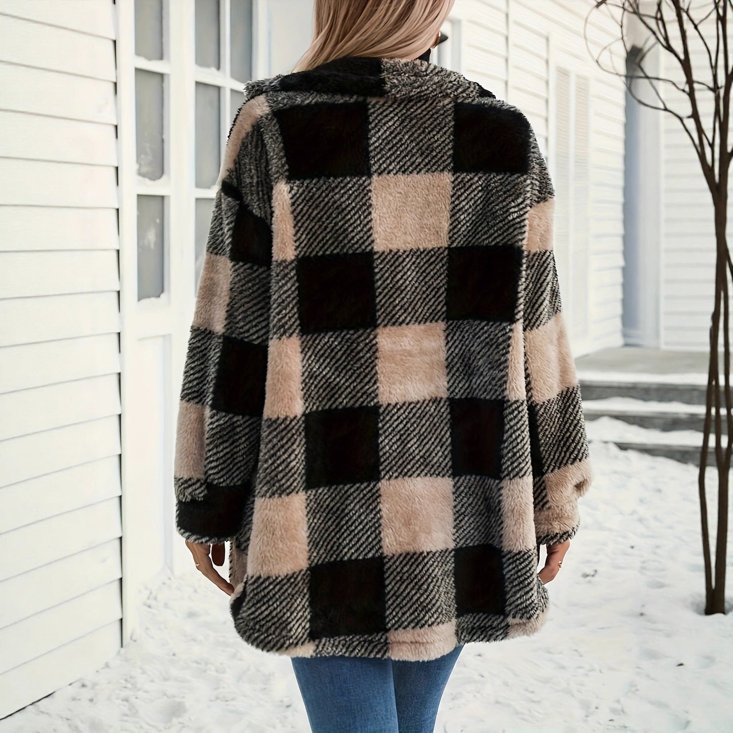 Women's Long Sleeve Double Pocket Plaid Fur Coats