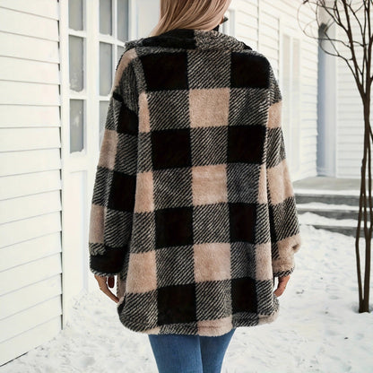Women's Long Sleeve Double Pocket Plaid Fur Coats