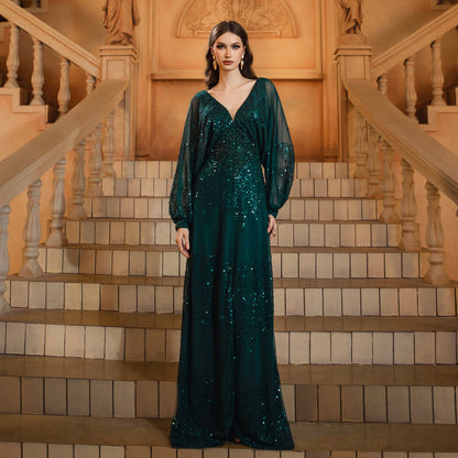 Women's French Style Long Dress Sleeve Sequined Dresses