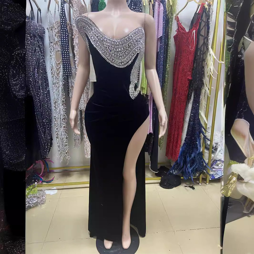 Rhinestone Design High Slit Sleeveless Black Dress Dinner Dresses