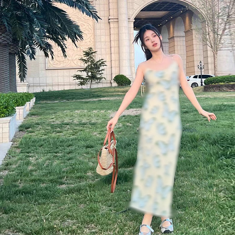 French Silk Printed Lace Up Long Dress Oblique Cut Dresses