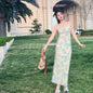 French Silk Printed Lace Up Long Dress Oblique Cut Dresses