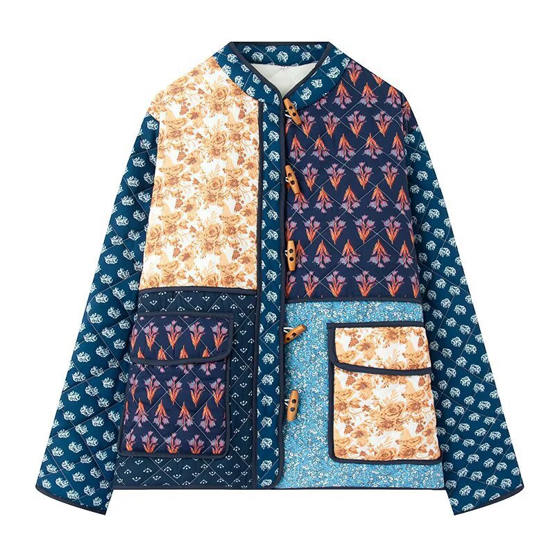 Women's Thickening Print Block Horn Button Printed Coats
