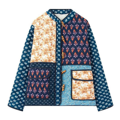 Women's Thickening Print Block Horn Button Printed Coats