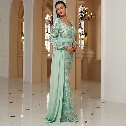 Women's Long Sleeve Sexy Sequined Banquet Ribbon Dresses