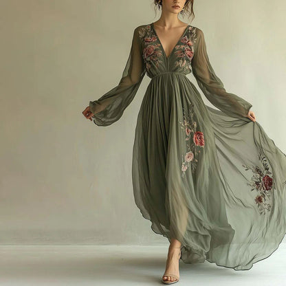 Women's Digital Positioning Printed Long-sleeved Dress Long Dresses
