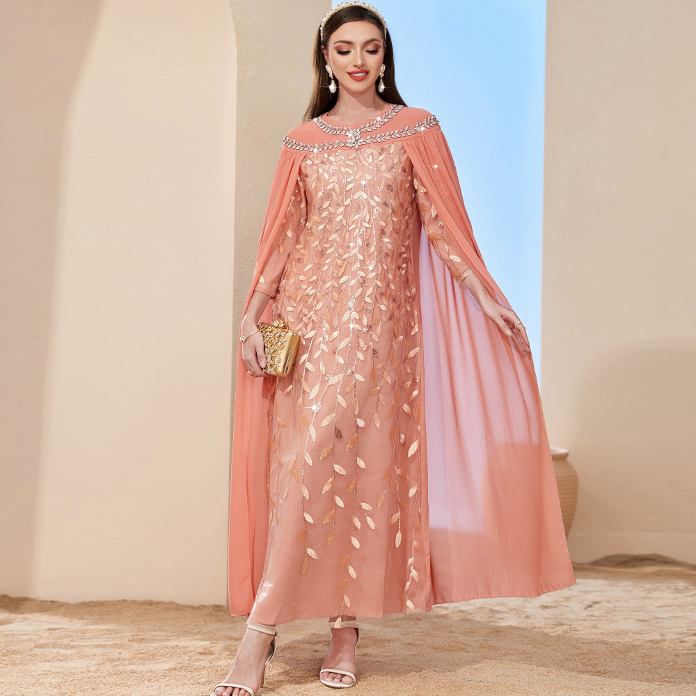 Orange Pink Leaves Mesh Embroidered Fashionable Dresses