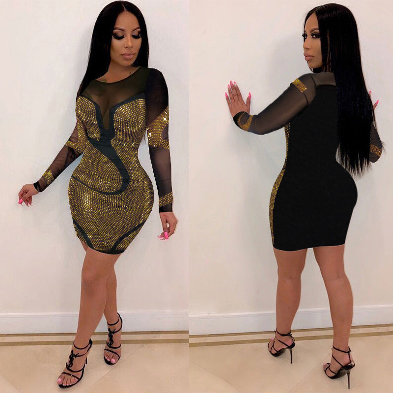 Sexy Rhinestone Long Sleeve Slim Dress Dresses