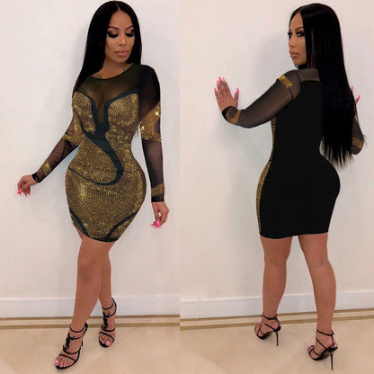 Sexy Rhinestone Long Sleeve Slim Dress Dresses